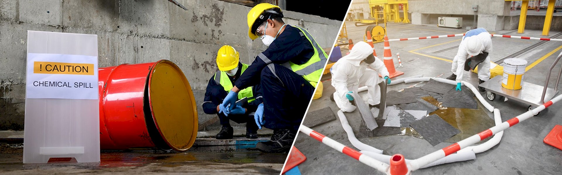 Damaged chemical containers causing hazardous liquid leakage in a warehouse environment