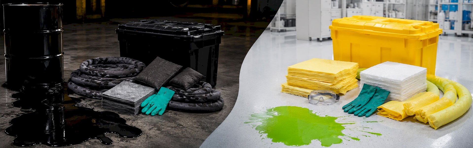 Industrial spill kits shown with oil and chemical leaks.