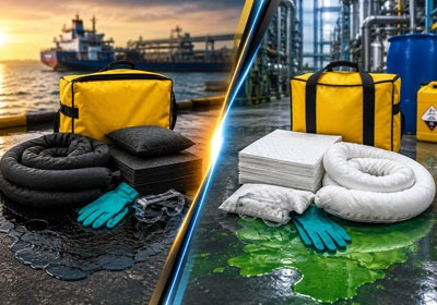 Spill kits with absorbent pads, booms, and safety gear.
